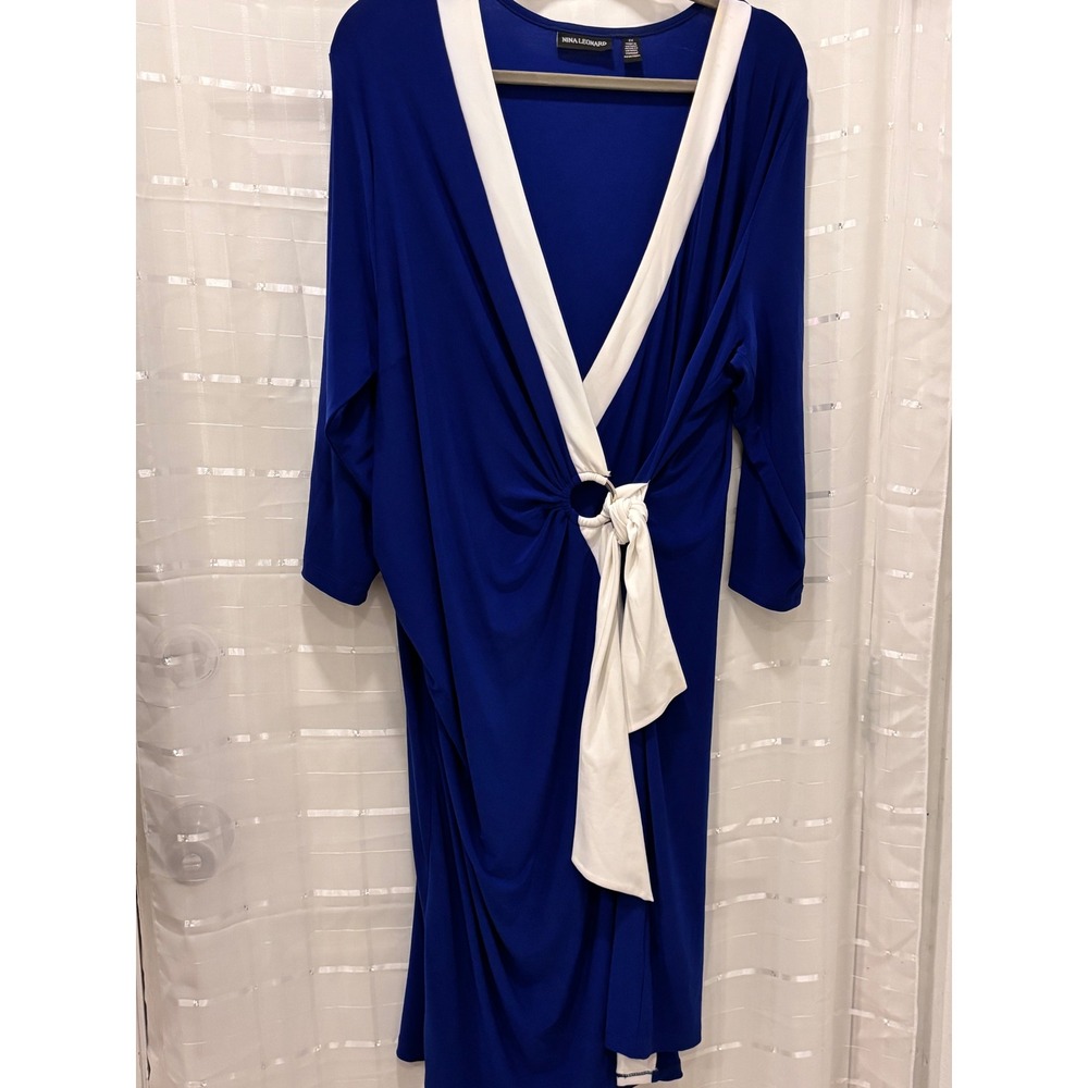 Nina Leonard Royal Blue White Contrast O-Ring Faux Wrap Dress 2X Womens